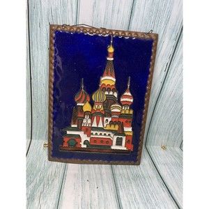 Wall plaque 7×5.5" Enameled Copper St Basil's Cathedral In Moscow hammered